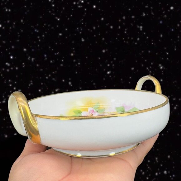 Hand Painted Nippon Fine Porcelain Dish Bowl Flower Bird Two Handled Vintage - Picture 3 of 14